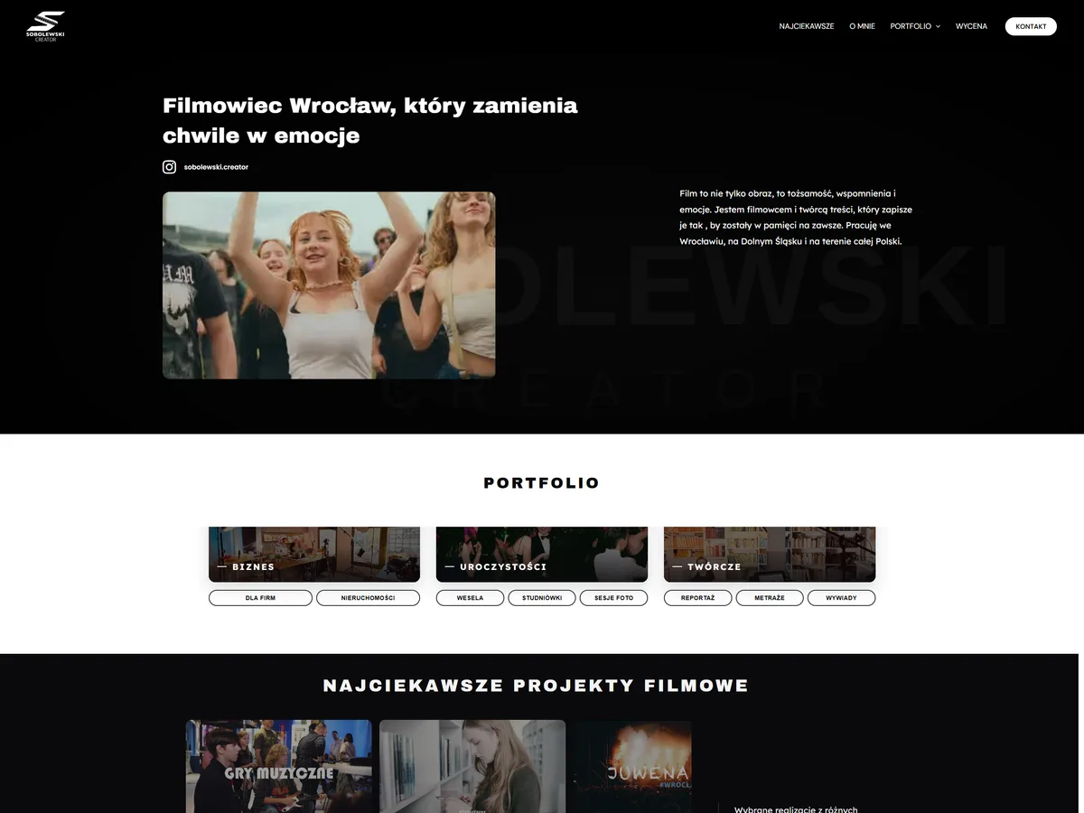 Strona filmowca Sobolewski Creator – sekcja powitalna z hasłem oraz portfolio podzielone na kategorie