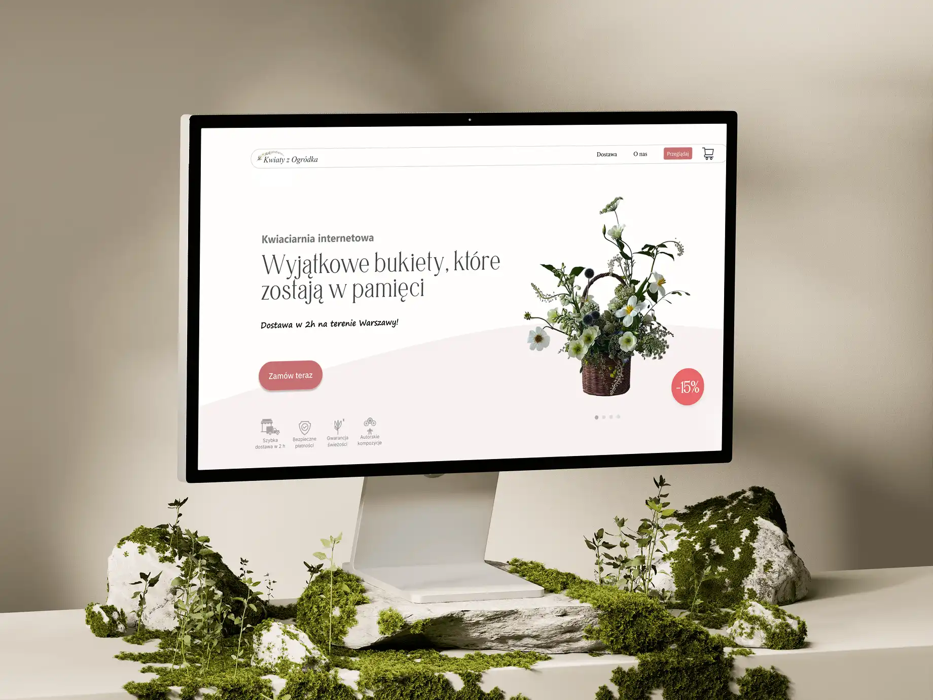 Sklep internetowy kwiaciarni – strona główna z bukietami kwiatów i przyciskiem zamów online