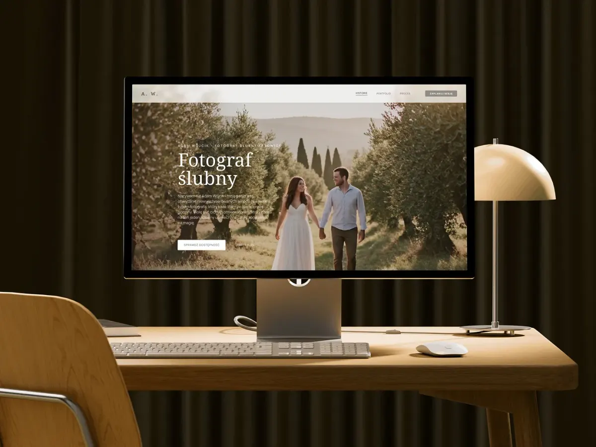 Projekt strony internetowej firmy na ekranie monitora na designerskim biurku – nowoczesny, profesjonalny design i przemyślany układ treści
